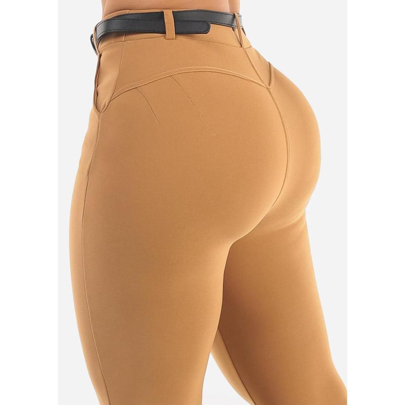 Butt Lift High Waist Skinny Ankle Pants Khaki w Belt